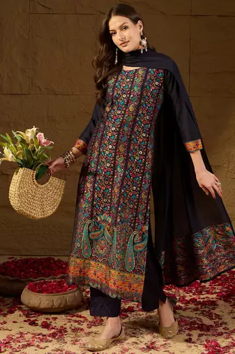Women Navy-blue solid silk blend woven fancy straight trousers with dupatta