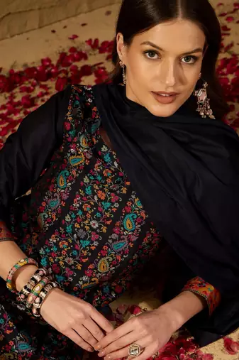 Women Navy-blue solid silk blend woven fancy straight trousers with dupatta