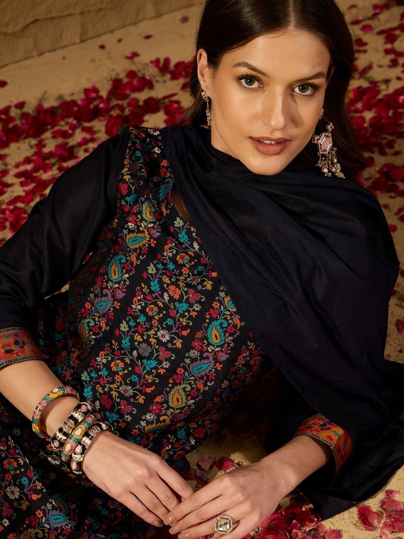 Women Navy-blue solid silk blend woven fancy straight trousers with dupatta