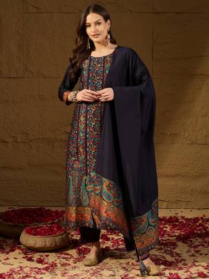 Women Navy-blue solid silk blend woven fancy straight trousers with dupatta 1
