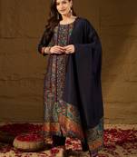 Women Navy-blue solid silk blend woven fancy straight trousers with dupatta