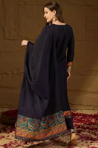 Women Navy-blue solid silk blend woven fancy straight trousers with dupatta