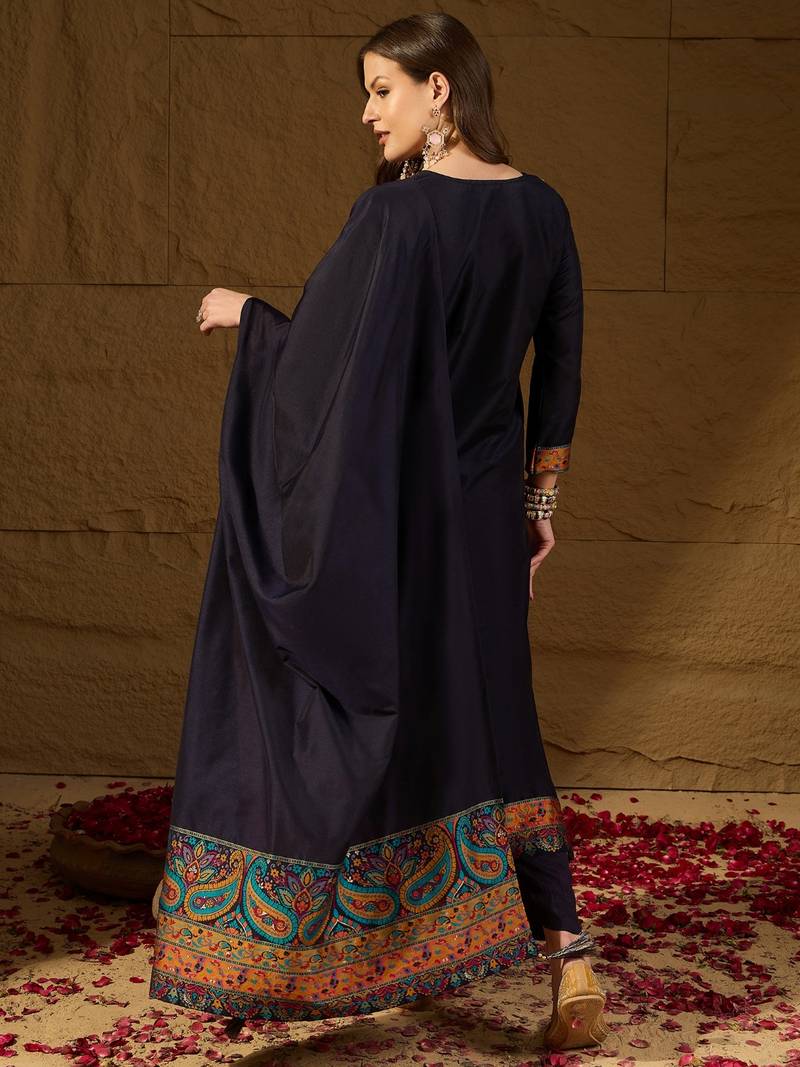Women Navy-blue solid silk blend woven fancy straight trousers with dupatta