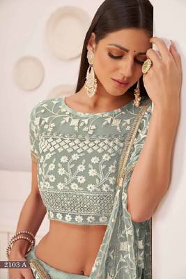 Green Embroidered Net Lehenga Choli Set 2