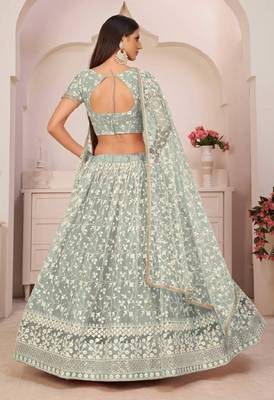 Green Embroidered Net Lehenga Choli Set 3