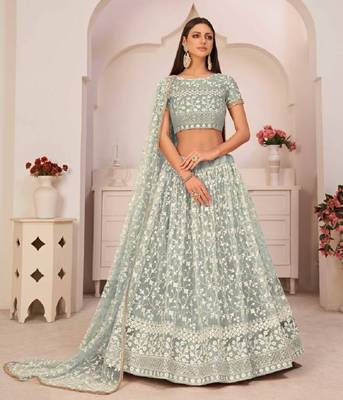 Green Embroidered Net Lehenga Choli Set 4