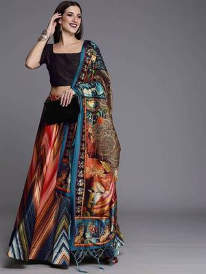 Classiques Black Satin Silk Multicolor Printed Lehenga Choli Set 2