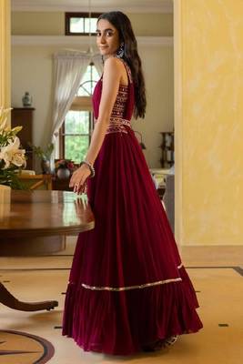 Georgette Lehenga Choli Set in Wine Red 3