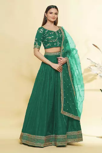 Emerald Green Embroidered Lehenga Choli with Net Dupatta