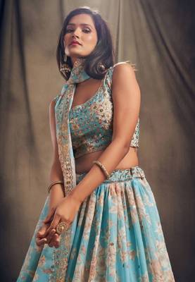 Sky Blue Organza Floral Print Lehenga choli Set 3