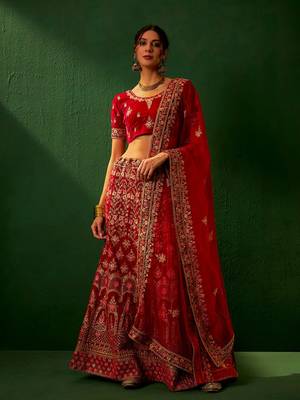 Royal Red Velvet Heavy Zari Embroidered Bridal Lehenga Choli 3