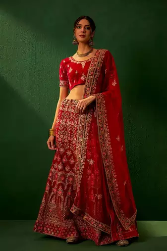 Royal Red Velvet Heavy Zari Embroidered Bridal Lehenga Choli