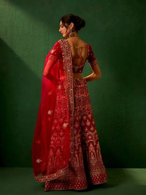Royal Red Velvet Heavy Zari Embroidered Bridal Lehenga Choli 4