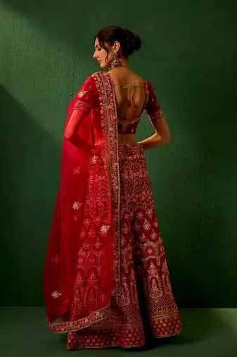 Royal Red Velvet Heavy Zari Embroidered Bridal Lehenga Choli