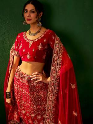 Royal Red Velvet Heavy Zari Embroidered Bridal Lehenga Choli 5