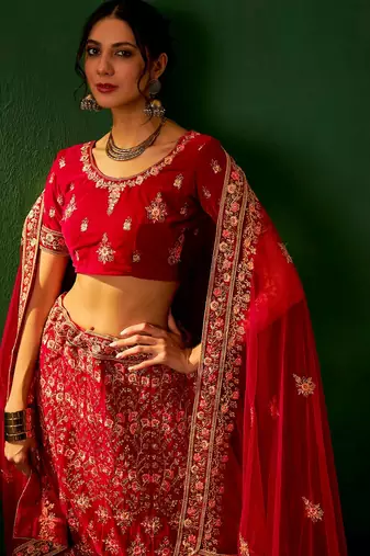 Royal Red Velvet Heavy Zari Embroidered Bridal Lehenga Choli