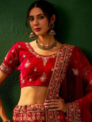 Royal Red Velvet Heavy Zari Embroidered Bridal Lehenga Choli 6