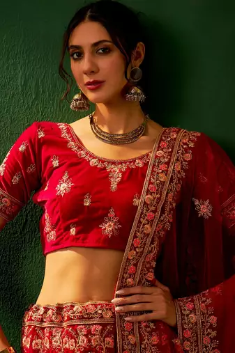Royal Red Velvet Heavy Zari Embroidered Bridal Lehenga Choli