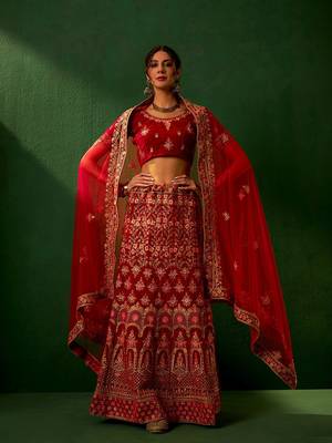 Royal Red Velvet Heavy Zari Embroidered Bridal Lehenga Choli 7