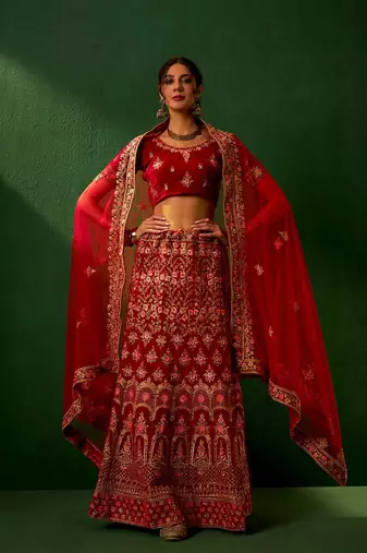 Royal Red Velvet Heavy Zari Embroidered Bridal Lehenga Choli