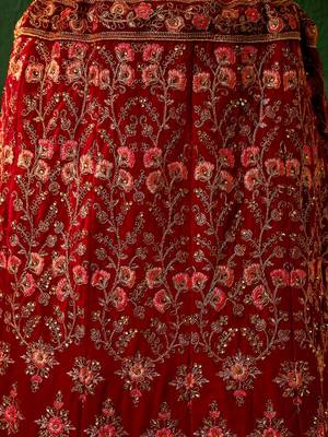 Royal Red Velvet Heavy Zari Embroidered Bridal Lehenga Choli 9