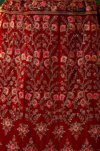 Royal Red Velvet Heavy Zari Embroidered Bridal Lehenga Choli