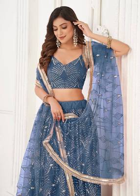 Blue Net Lehenga Choli Set for with Sequins Embroidery 2
