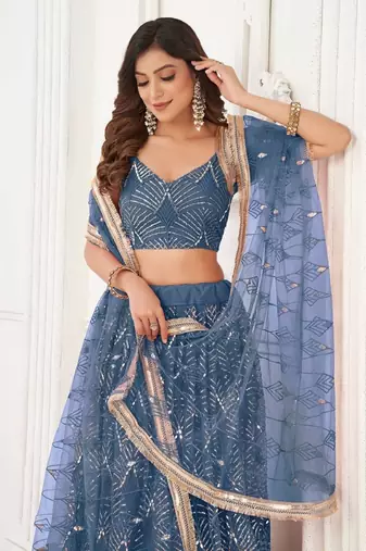 Blue Net Lehenga Choli Set for with Sequins Embroidery