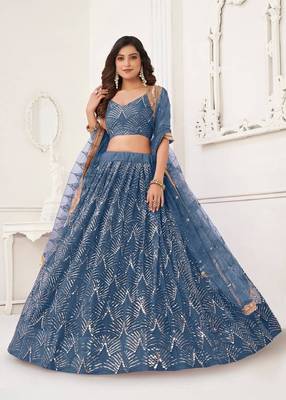 Blue Net Lehenga Choli Set for with Sequins Embroidery 3
