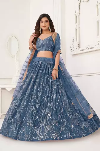 Blue Net Lehenga Choli Set for with Sequins Embroidery