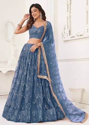 Blue Net Lehenga Choli Set for with Sequins Embroidery 4