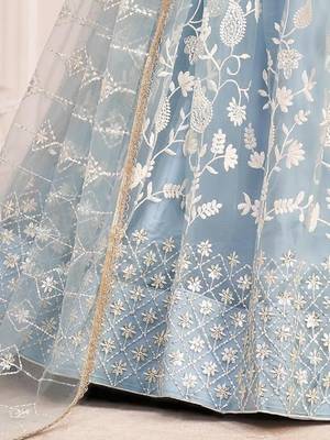 Turquoise embroidered net semi stitched lehenga Choli with Dupatta 4