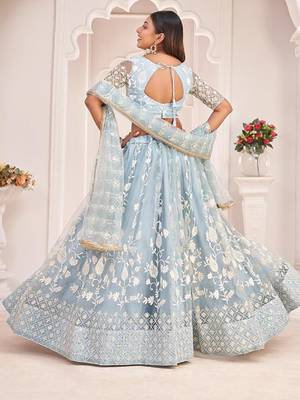 Turquoise embroidered net semi stitched lehenga Choli with Dupatta 5