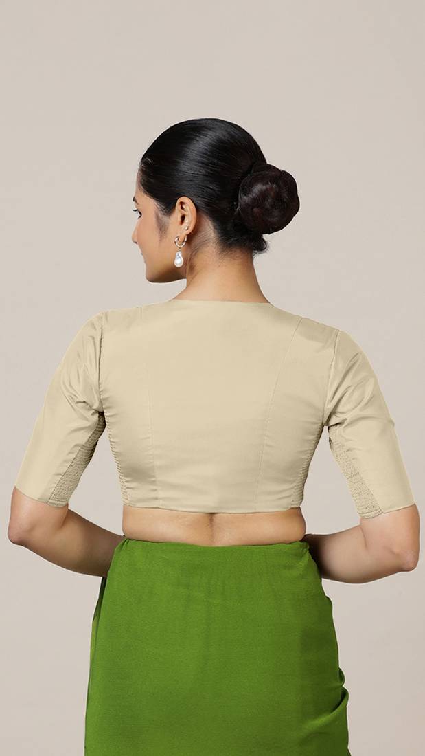 Cream Silk Crew Neck Plain readymade blouse