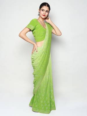 Green Ombre Mokaish Hand Embroidered Saree with Blouse pc 3