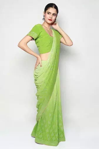 Green Ombre Mokaish Hand Embroidered Saree with Blouse pc