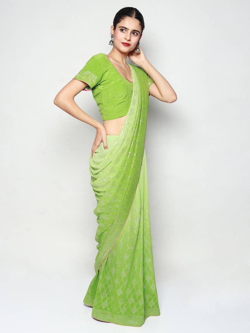 Green Ombre Mokaish Hand Embroidered Saree with Blouse pc