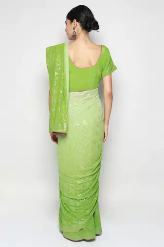 Green Ombre Mokaish Hand Embroidered Saree with Blouse pc