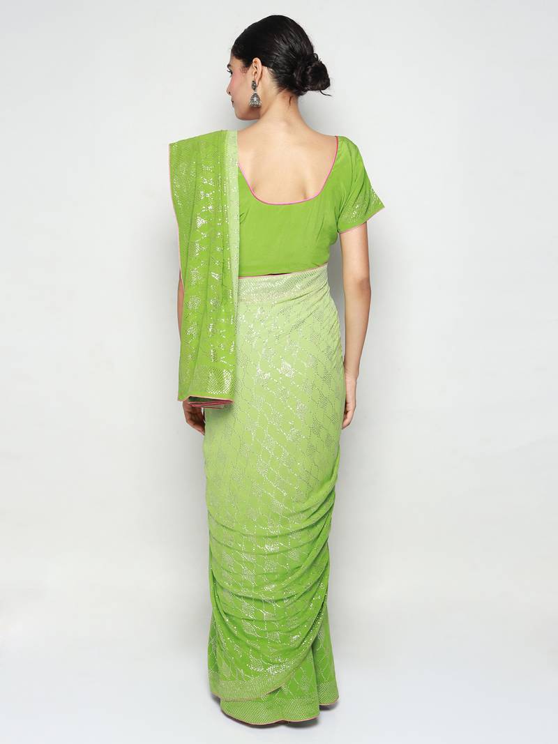 Green Ombre Mokaish Hand Embroidered Saree with Blouse pc