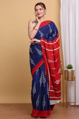 Elegant Blue Mulmul Cotton Block Printed Saree with Blouse Piece