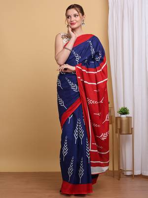 Elegant Blue Mulmul Cotton Block Printed Saree with Blouse Piece 1