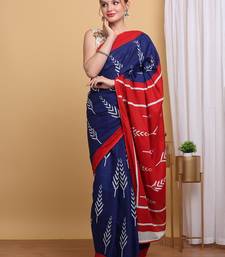 Elegant Blue Mulmul Cotton Block Printed Saree with Blouse Piece