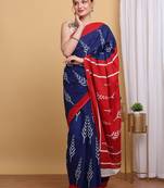 Elegant Blue Mulmul Cotton Block Printed Saree with Blouse Piece