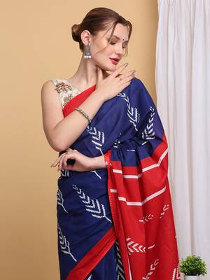 Elegant Blue Mulmul Cotton Block Printed Saree with Blouse Piece 2