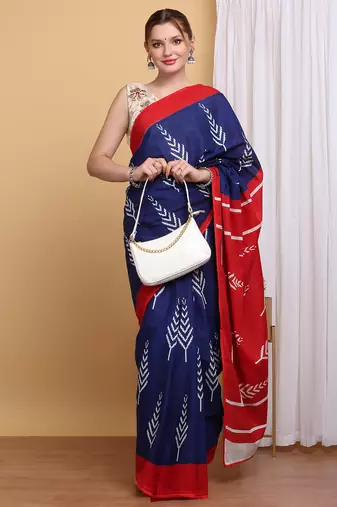 Elegant Blue Mulmul Cotton Block Printed Saree with Blouse Piece
