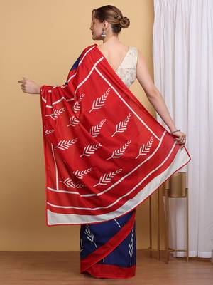 Elegant Blue Mulmul Cotton Block Printed Saree with Blouse Piece 4