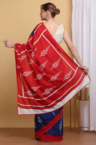 Elegant Blue Mulmul Cotton Block Printed Saree with Blouse Piece