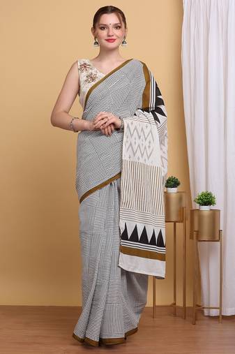 Elegant geometric design  Mulmul Cotton Block Printed Saree with Blouse Piece