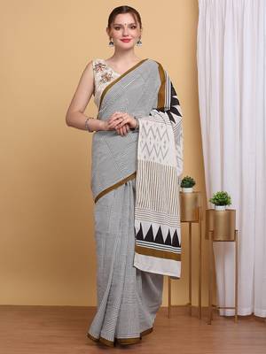Elegant geometric design  Mulmul Cotton Block Printed Saree with Blouse Piece 1