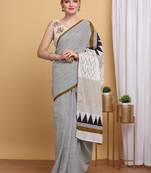 Elegant geometric design  Mulmul Cotton Block Printed Saree with Blouse Piece